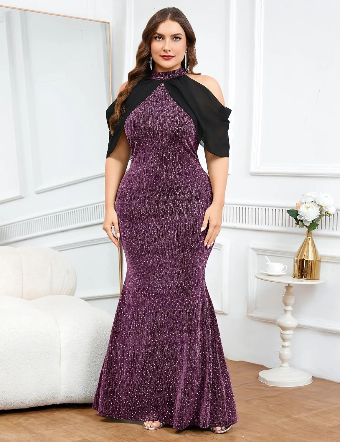 ZOMVA Plus Size Sparkly Halter Neck Dress Chiffon Cape Sleeve Bodycon Mermaid Maxi Dresses Cocktail Party Formal Club