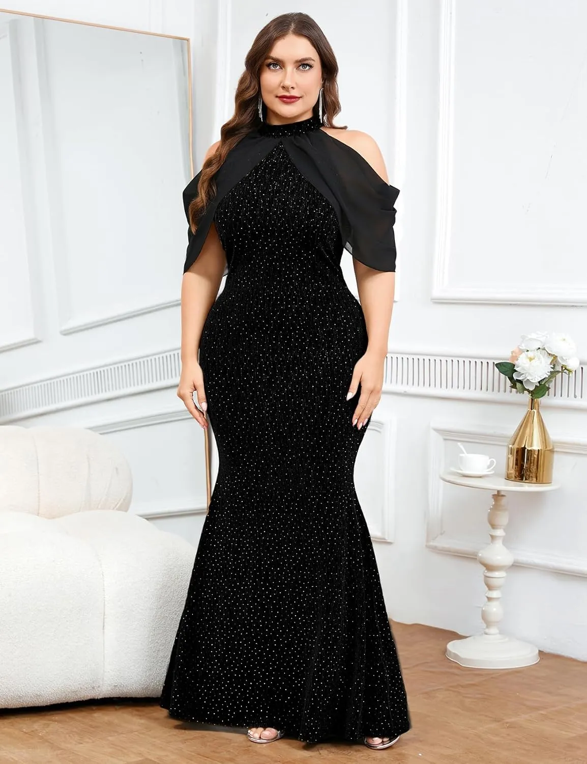 ZOMVA Plus Size Sparkly Halter Neck Dress Chiffon Cape Sleeve Bodycon Mermaid Maxi Dresses Cocktail Party Formal Club