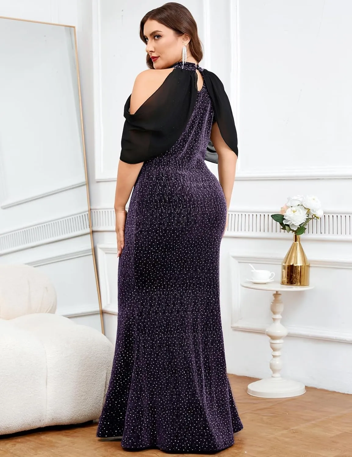 ZOMVA Plus Size Sparkly Halter Neck Dress Chiffon Cape Sleeve Bodycon Mermaid Maxi Dresses Cocktail Party Formal Club