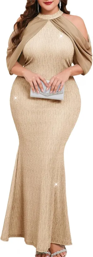ZOMVA Plus Size Sparkly Halter Neck Dress Chiffon Cape Sleeve Bodycon Mermaid Maxi Dresses Cocktail Party Formal Club