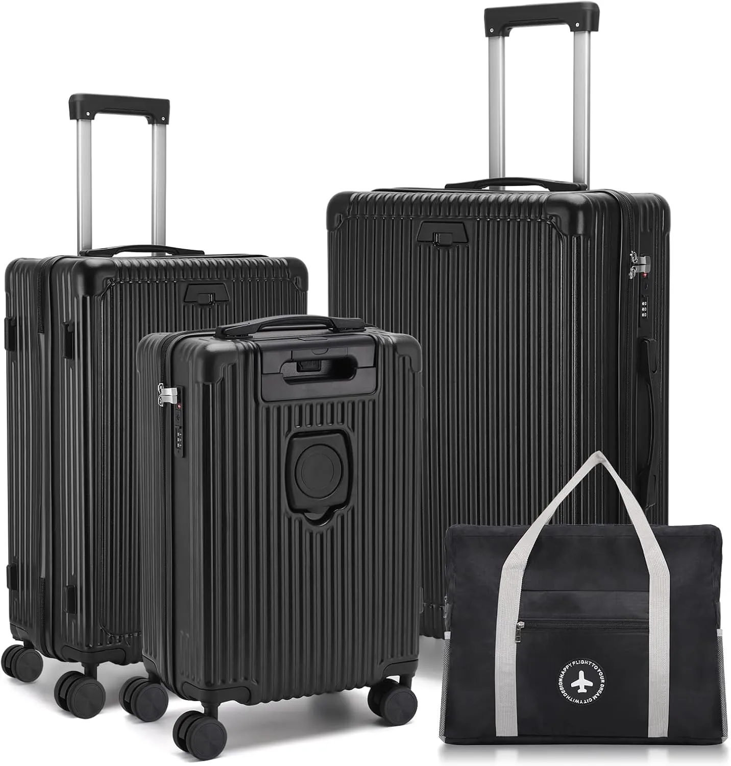 ZXMOTO 3 Piece Hardside Luggage Set, Hardshell Lightweight Suitcase with Duffel Bag,TSA Lock, Double Spinner Wheels,USB Port, Cup Holder,Side Hook