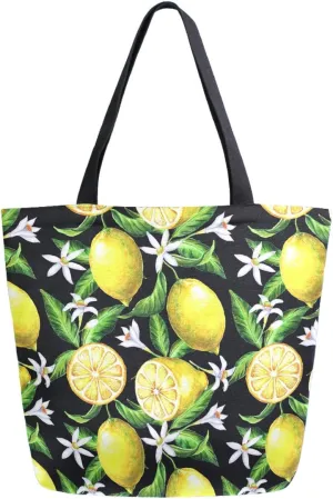 ZzWwR Chic Tropical Leaves Lemons Fruits Floral Large Canvas Shoulder Tote Top Handle Bag for Gym Beach Travel Shopping